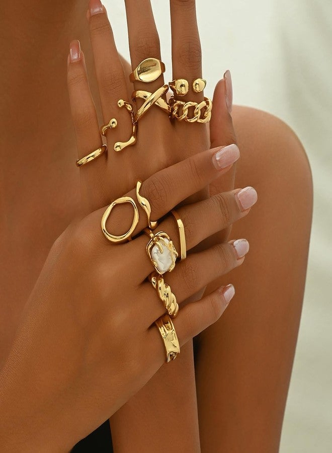 PINCHUAN Chunky Gold Rings for Women Vintage Chunky Gold Ring Adjustable Stackable Thick Band Knuckle & Midi Rings Mixed Size Gold Ring Set Jewelry-12PCS - Image 3